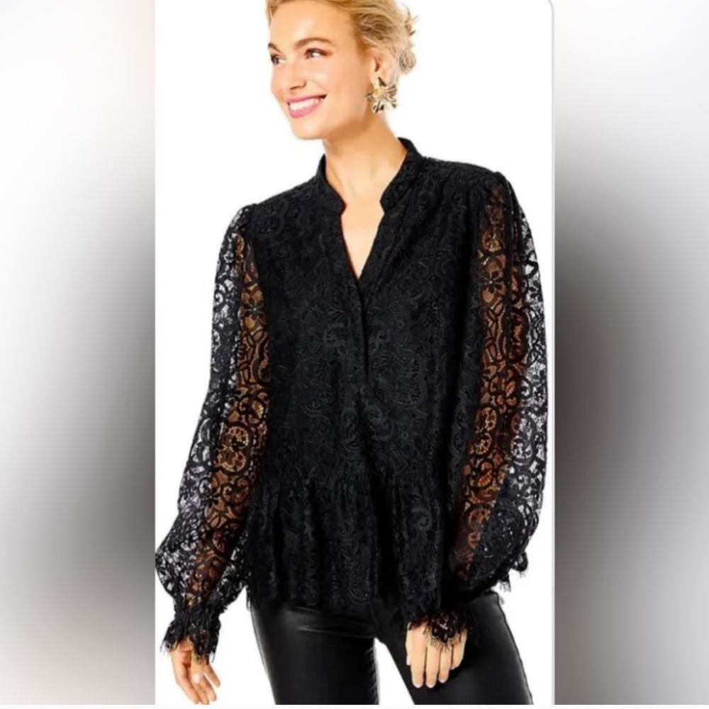 LILLY PULITZER Jacelynne Black Long Sleeve Lace Shirt Sz XL
